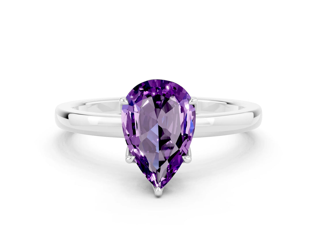 White gold Pear Cut Amethyst Solitaire Ring with Thin Band and Prong Setting_12