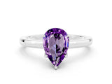 White gold Pear Cut Amethyst Solitaire Ring with Thin Band and Prong Setting_12