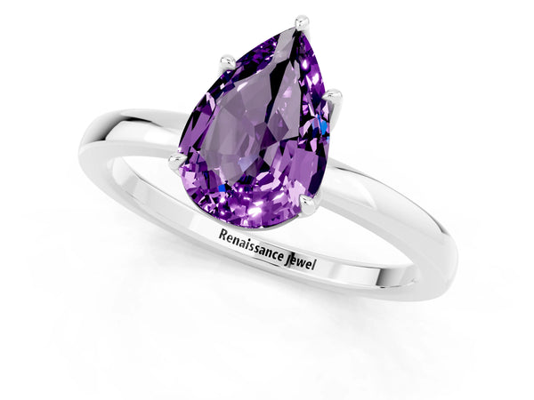 Platinum Pear Cut Amethyst Solitaire Ring with Thin Band and Prong Setting