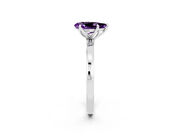 Platinum Pear Cut Amethyst Solitaire Ring with Thin Band and Prong Setting