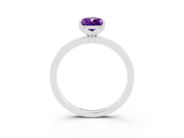 Platinum Pear Cut Amethyst Solitaire Ring with Thin Band and Prong Setting