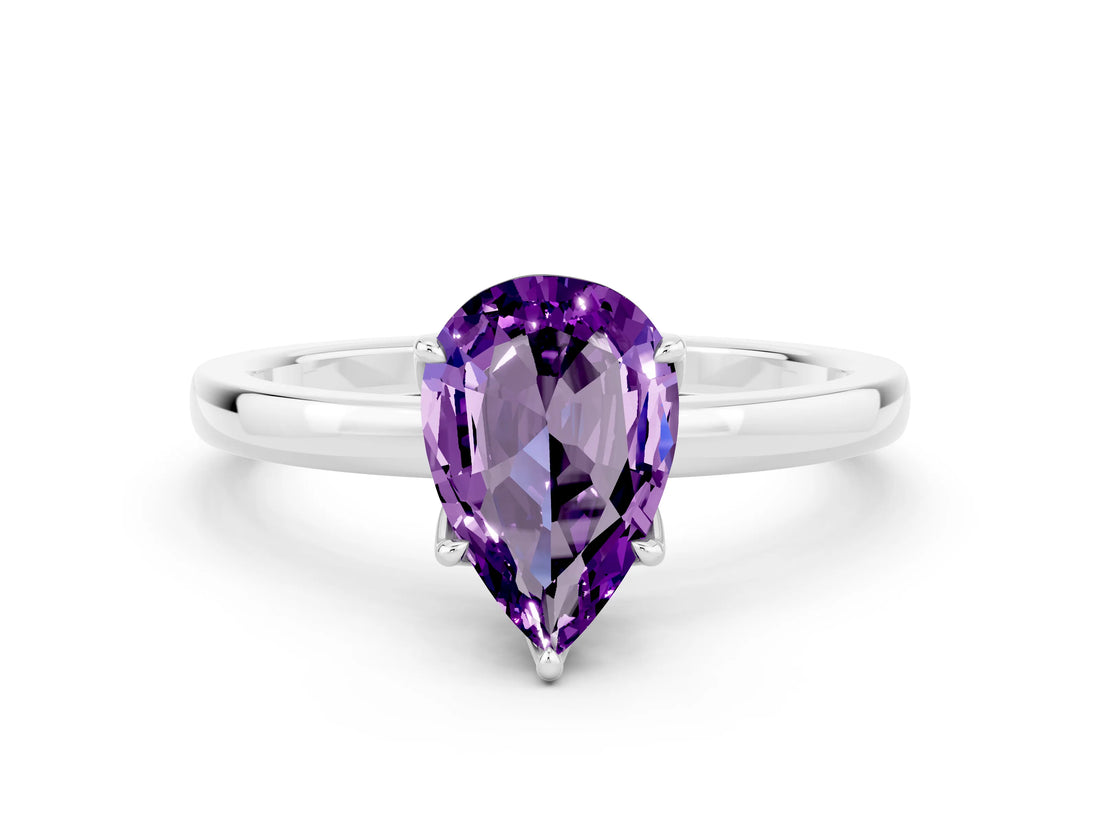 White gold Pear Cut Amethyst Solitaire Ring with Thin Band and Prong Setting_36