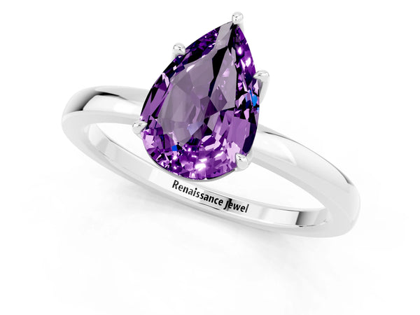 White gold Pear Cut Amethyst Solitaire Ring with Thin Band and Prong Setting