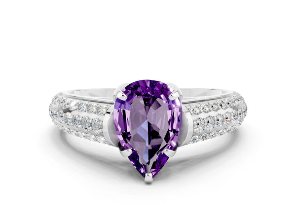 Platinum Pear Cut Amethyst Solitaire Ring with Three-Row Pavé Band and Four-Prong Setting