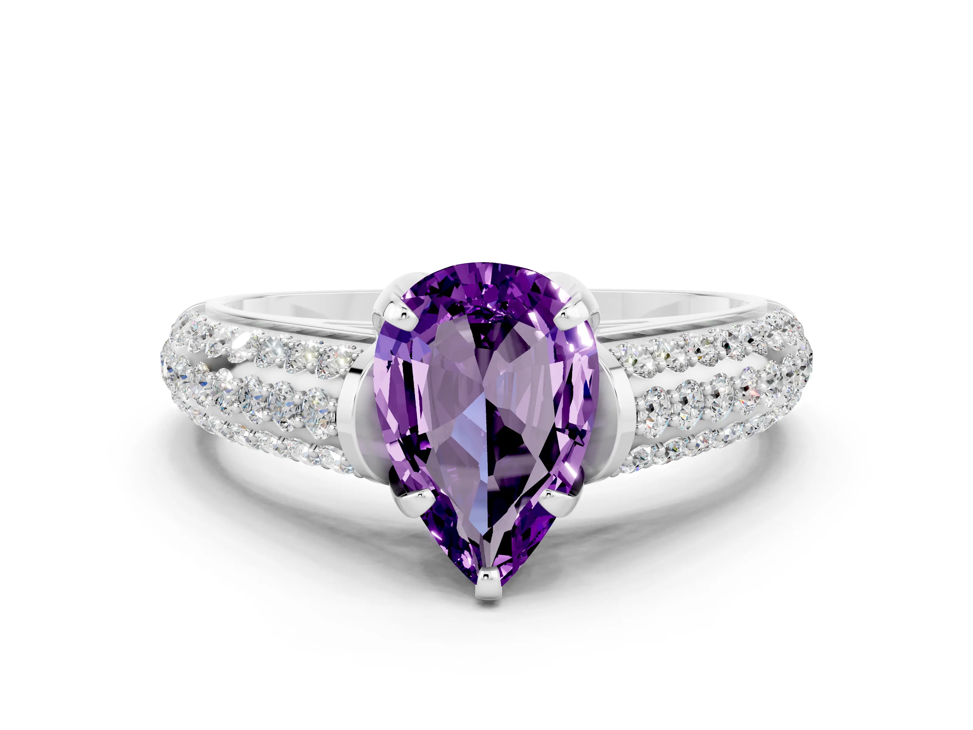 White gold Pear Cut Amethyst Solitaire Ring with Three-Row Pavé Band and Four-Prong Setting_12