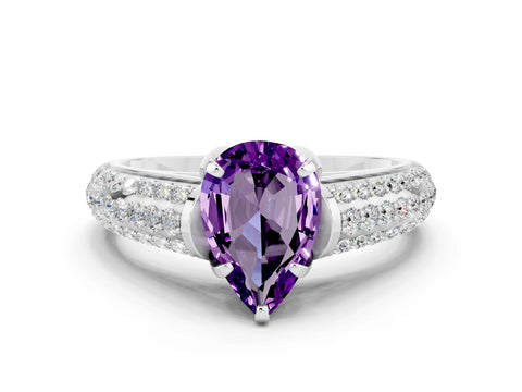White gold Pear Cut Amethyst Solitaire Ring with Three-Row Pavé Band and Four-Prong Setting_12