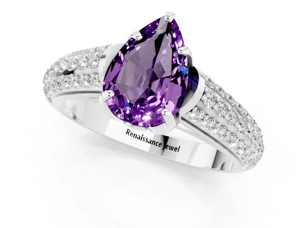 Silver Pear Cut Amethyst Solitaire Ring with Three-Row Pavé Band and Four-Prong Setting