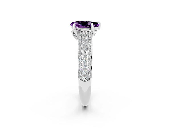Silver Pear Cut Amethyst Solitaire Ring with Three-Row Pavé Band and Four-Prong Setting