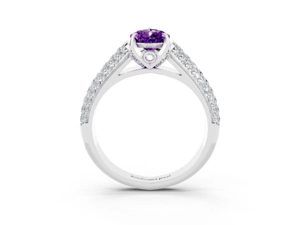 Platinum Pear Cut Amethyst Solitaire Ring with Three-Row Pavé Band and Four-Prong Setting