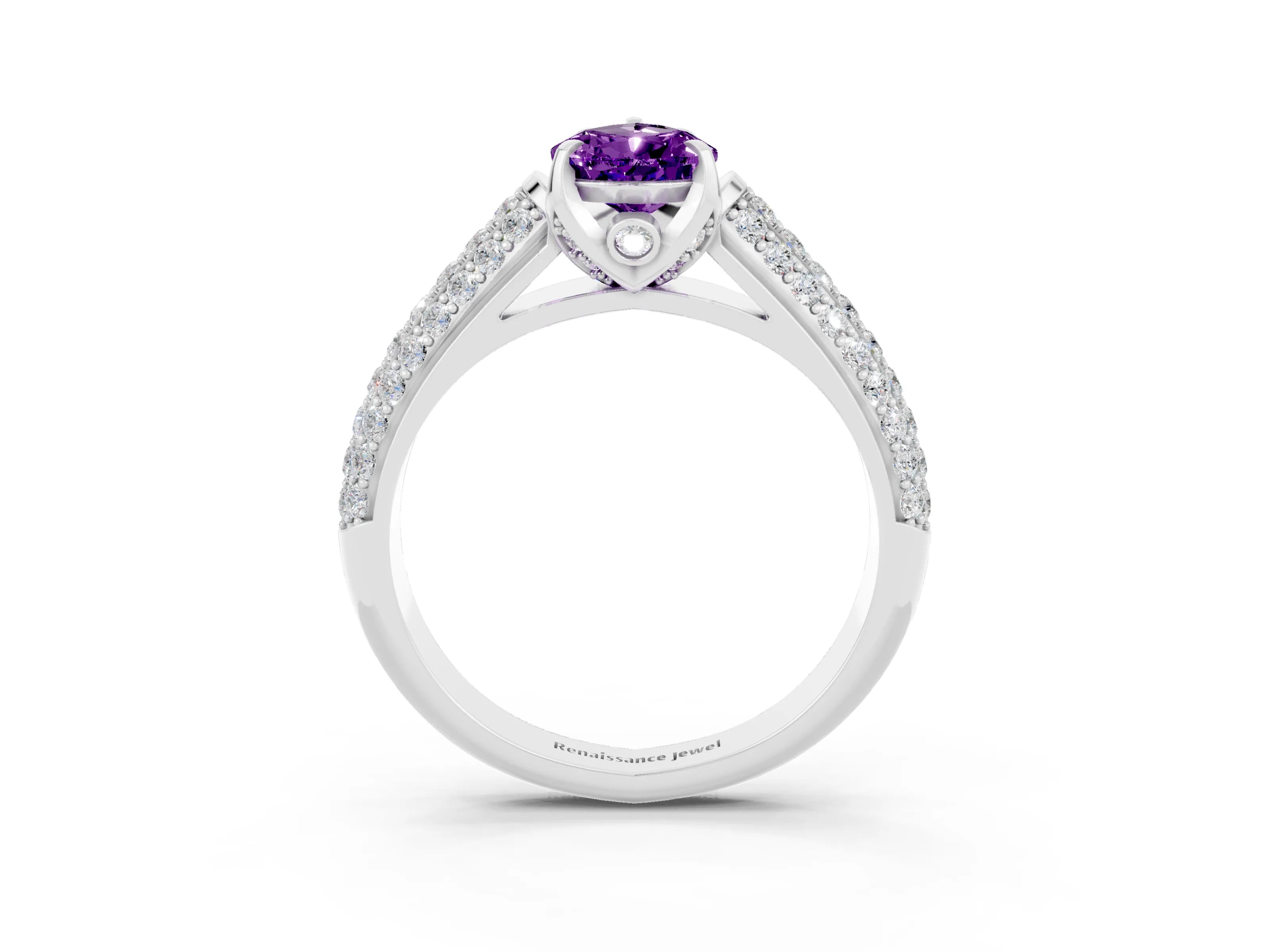 White gold Pear Cut Amethyst Solitaire Ring with Three-Row Pavé Band and Four-Prong Setting_15