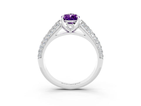 White gold Pear Cut Amethyst Solitaire Ring with Three-Row Pavé Band and Four-Prong Setting_15