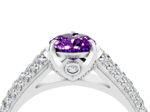 White gold Pear Cut Amethyst Solitaire Ring with Three-Row Pavé Band and Four-Prong Setting_16