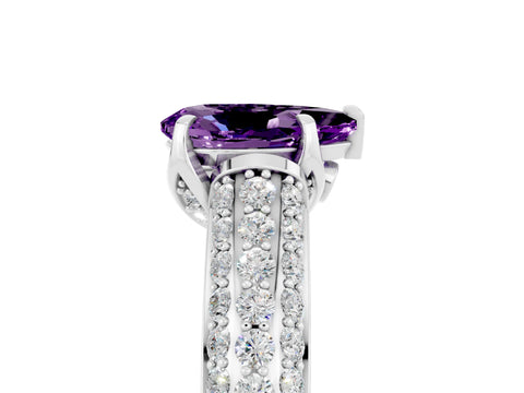 White gold Pear Cut Amethyst Solitaire Ring with Three-Row Pavé Band and Four-Prong Setting_17