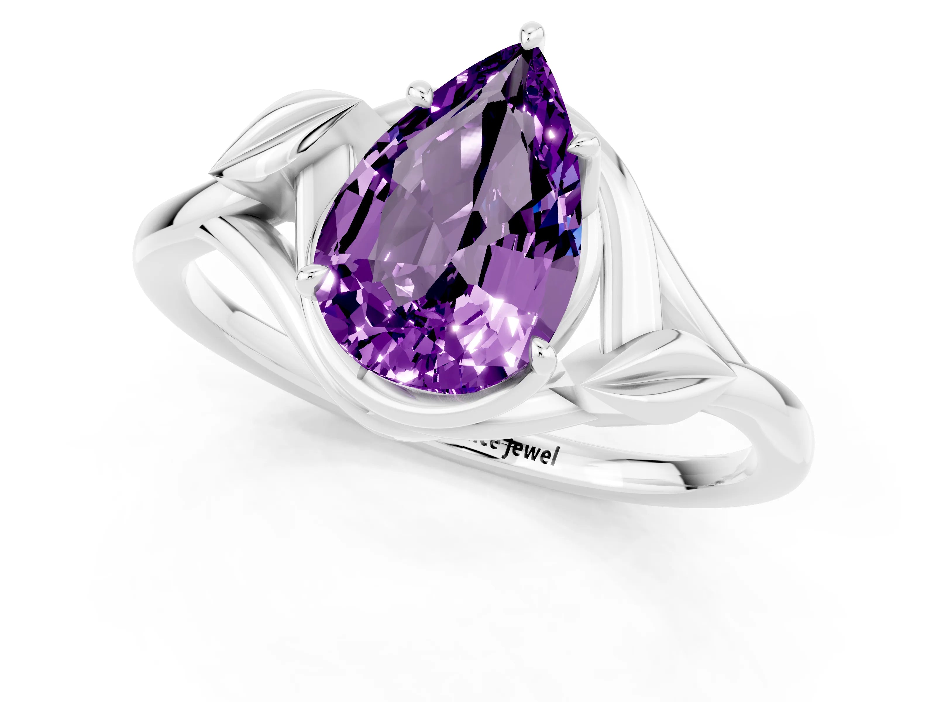 White gold Pear Cut Amethyst Solitaire Ring with Twist Band and Four-Prong Setting_13