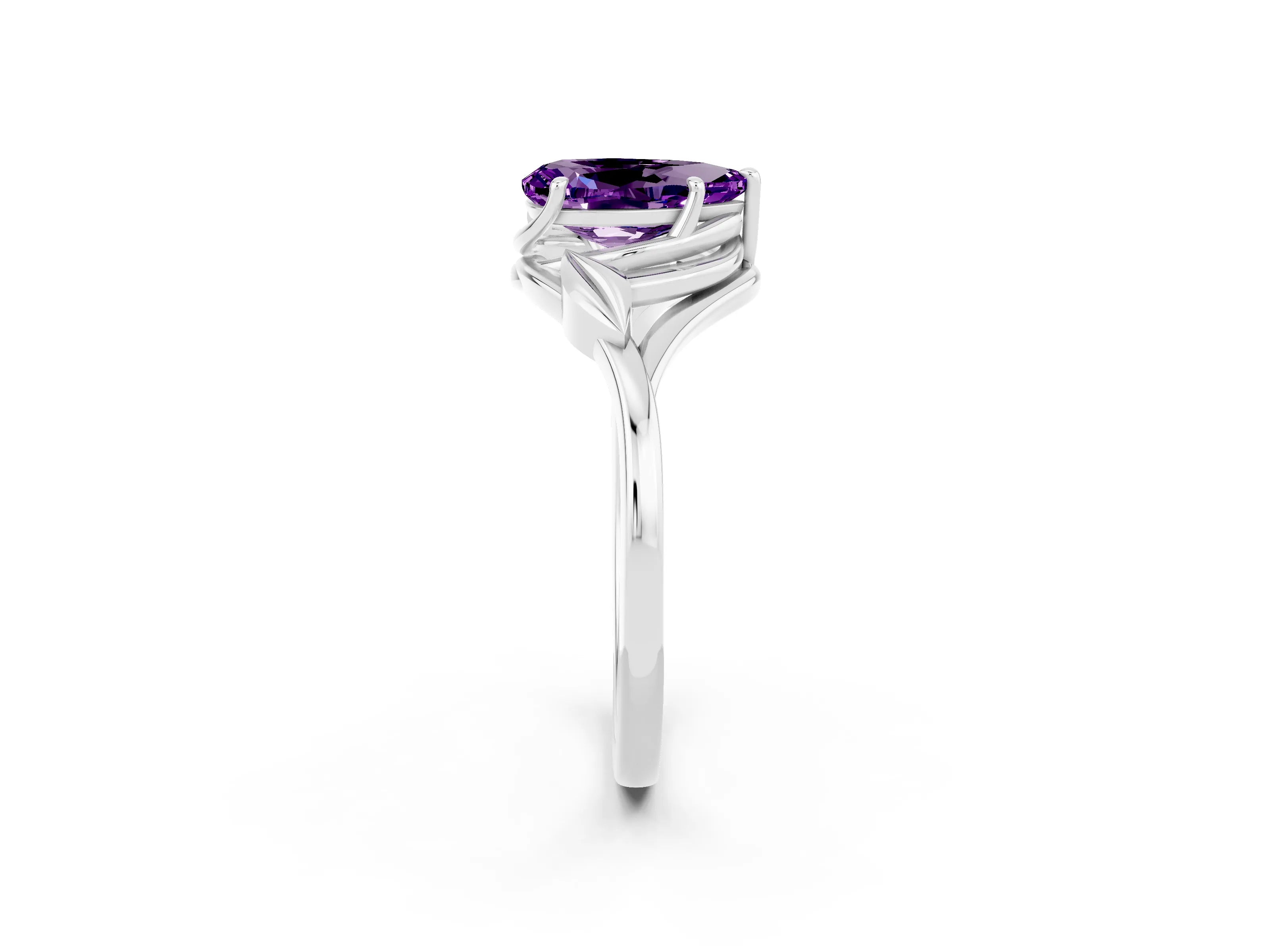 White gold Pear Cut Amethyst Solitaire Ring with Twist Band and Four-Prong Setting_14