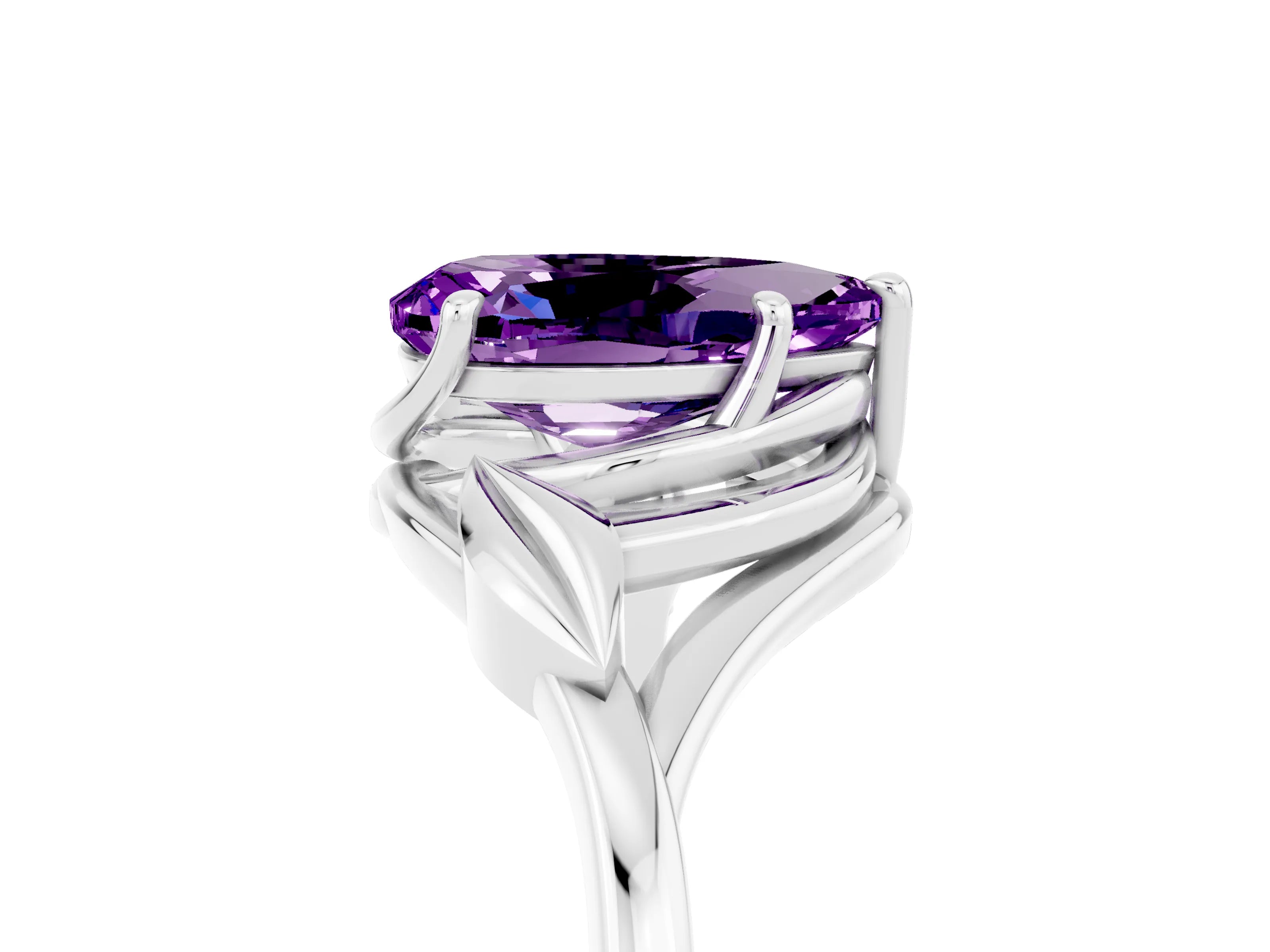 White gold Pear Cut Amethyst Solitaire Ring with Twist Band and Four-Prong Setting_17