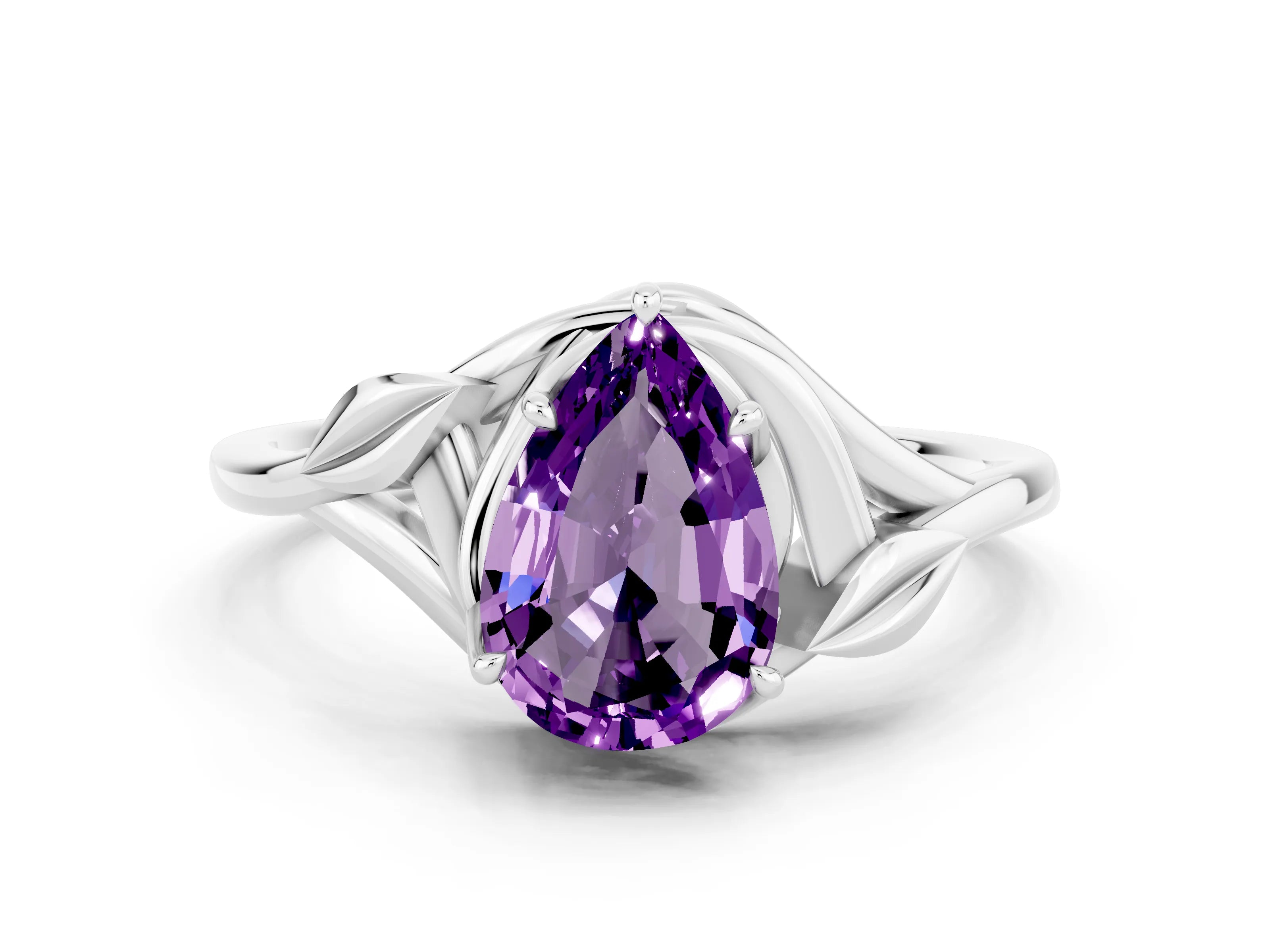 White gold Pear Cut Amethyst Solitaire Ring with Twist Band and Four-Prong Setting_36