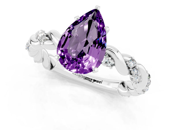 Silver Pear Cut Amethyst Solitaire Ring with Twisted Band and Pavé Accents