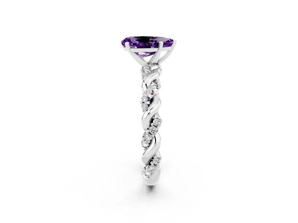 Platinum Pear Cut Amethyst Solitaire Ring with Twisted Band and Pavé Accents