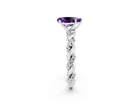 White gold Pear Cut Amethyst Solitaire Ring with Twisted Band and Pavé Accents_2