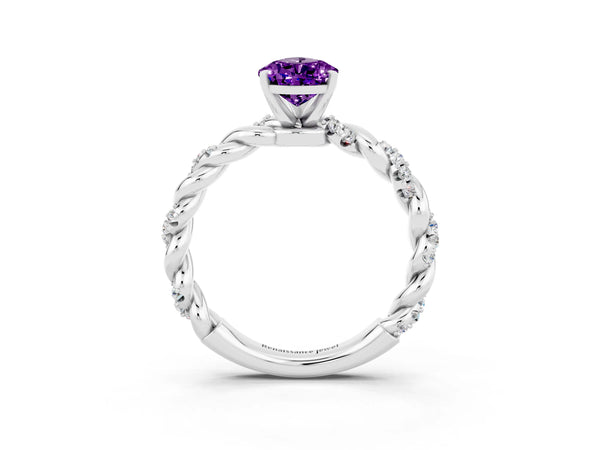 Platinum Pear Cut Amethyst Solitaire Ring with Twisted Band and Pavé Accents