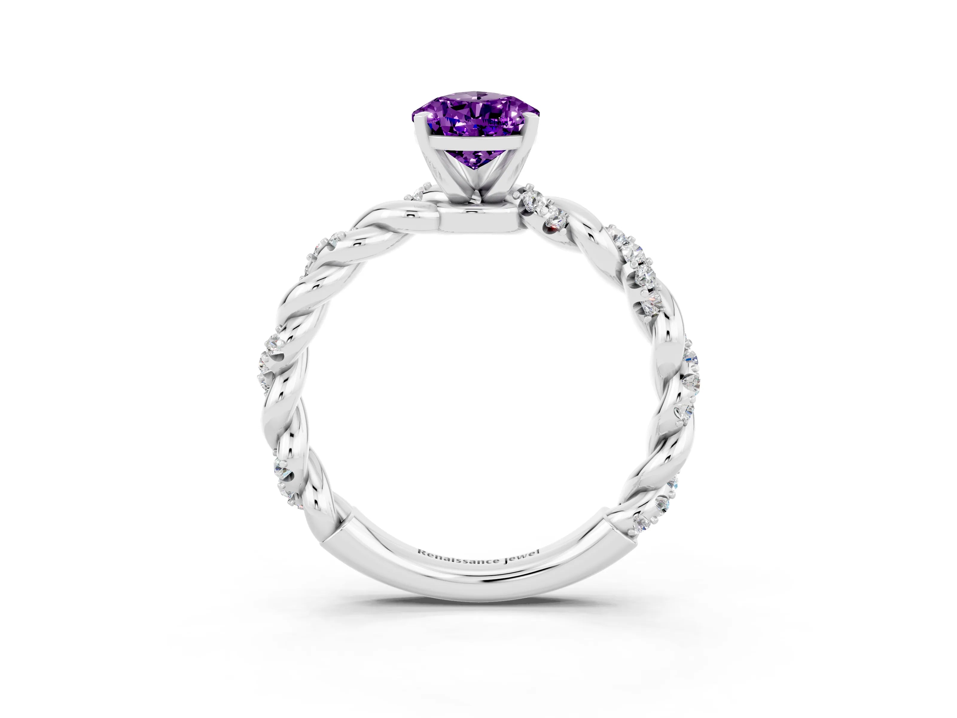 White gold Pear Cut Amethyst Solitaire Ring with Twisted Band and Pavé Accents_3