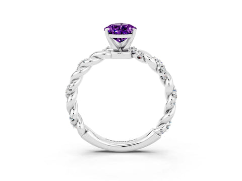 White gold Pear Cut Amethyst Solitaire Ring with Twisted Band and Pavé Accents_3