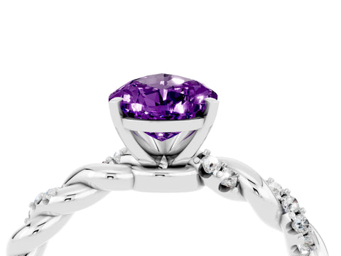 White gold Pear Cut Amethyst Solitaire Ring with Twisted Band and Pavé Accents_4