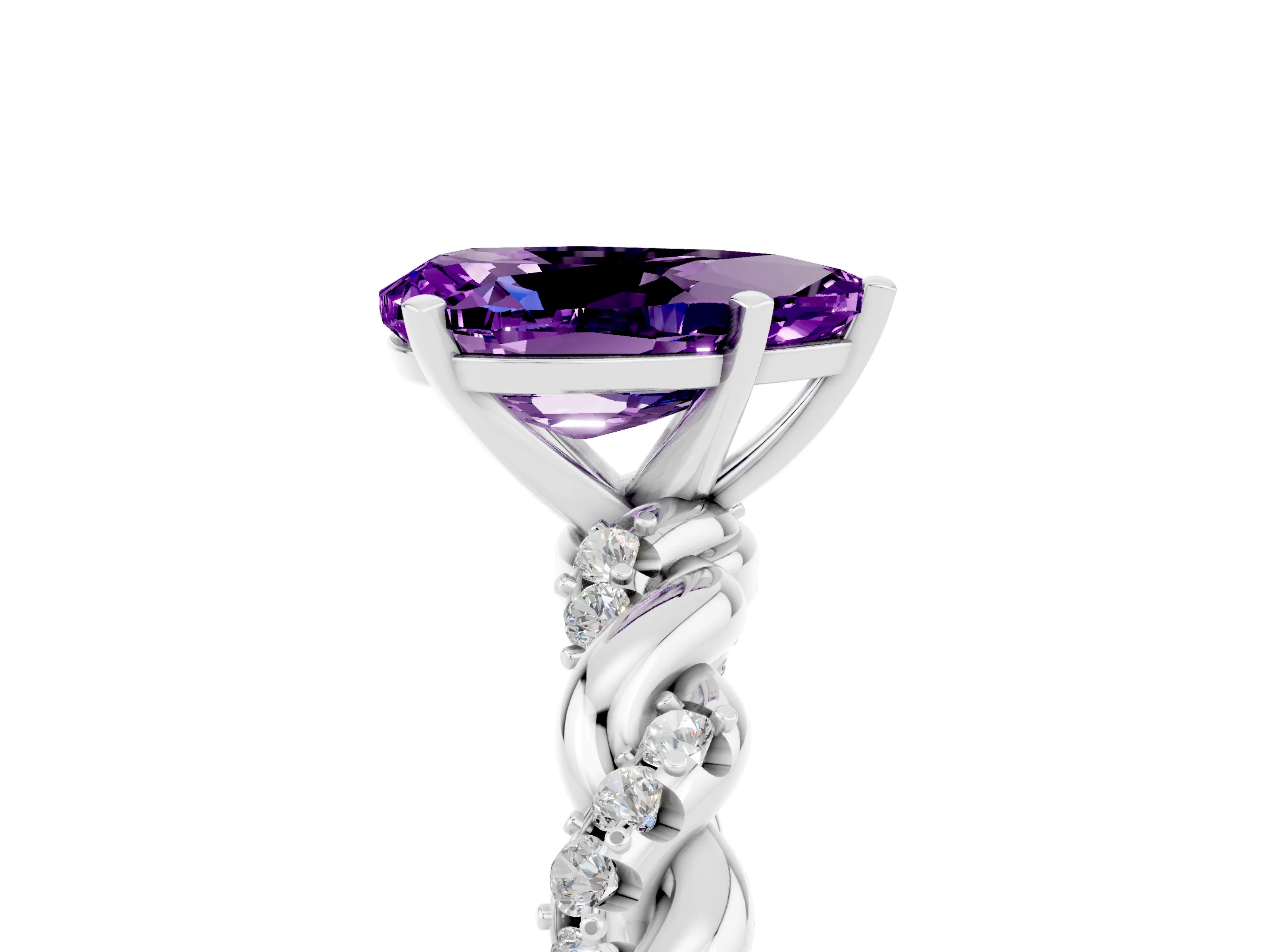 White gold Pear Cut Amethyst Solitaire Ring with Twisted Band and Pavé Accents_5