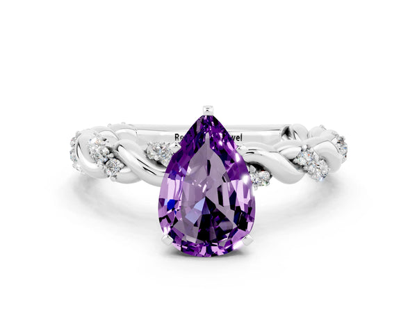 White gold Pear Cut Amethyst Solitaire Ring with Twisted Band and Pavé Accents