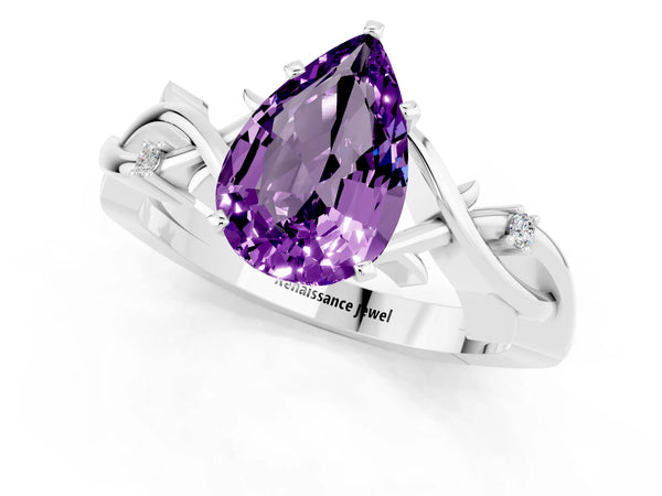 White gold Pear Cut Amethyst Solitaire Ring with Twisted Band and Prong Setting
