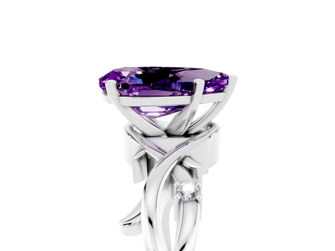 White gold Pear Cut Amethyst Solitaire Ring with Twisted Band and Prong Setting_17