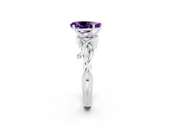 Silver Pear Cut Amethyst Solitaire Ring with Twisted Band and Prong Setting