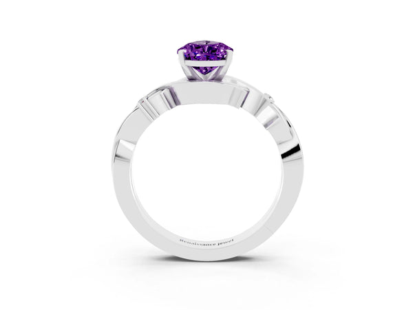 Platinum Pear Cut Amethyst Solitaire Ring with Twisted Band and Prong Setting