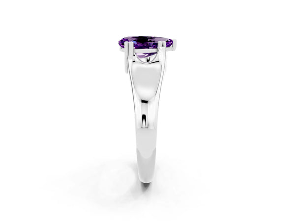 White gold Pear Cut Amethyst Solitaire Ring with Wide Band and Prong Setting