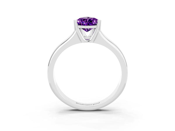 Platinum Pear Cut Amethyst Solitaire Ring with Wide Band and Prong Setting