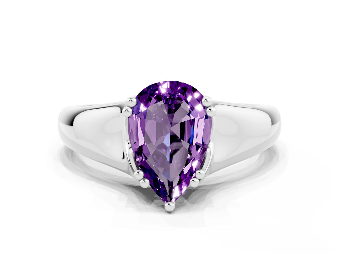 White gold Pear Cut Amethyst Solitaire Ring with Wide Band and Prong Setting