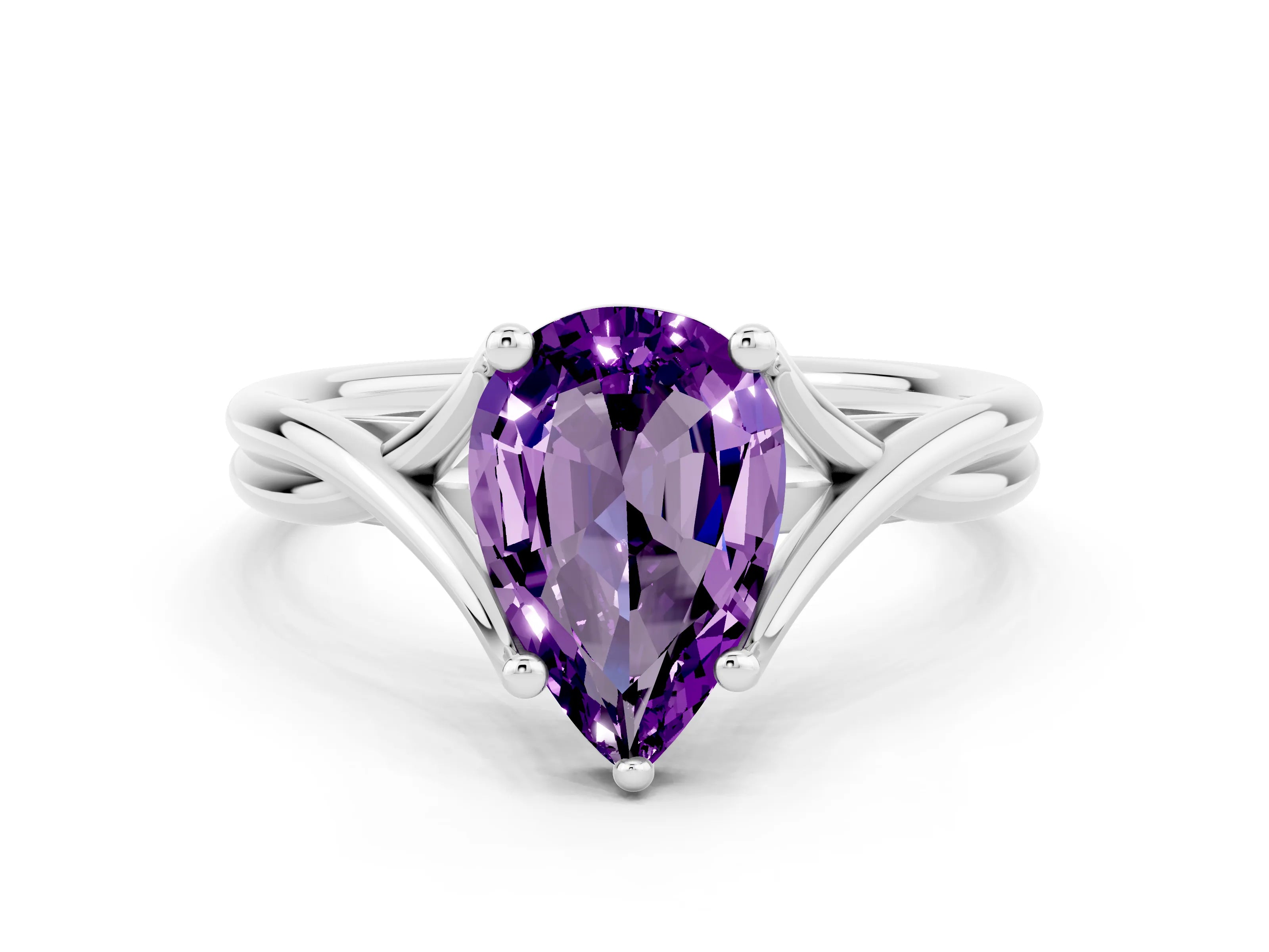 White gold Pear Cut Amethyst Solitaire Twist Band Prong Setting Ring_36