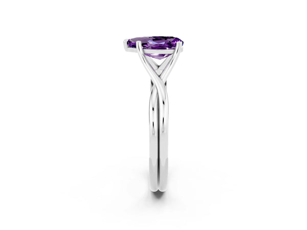 Silver Pear Cut Amethyst Solitaire Twist Band Prong Setting Ring