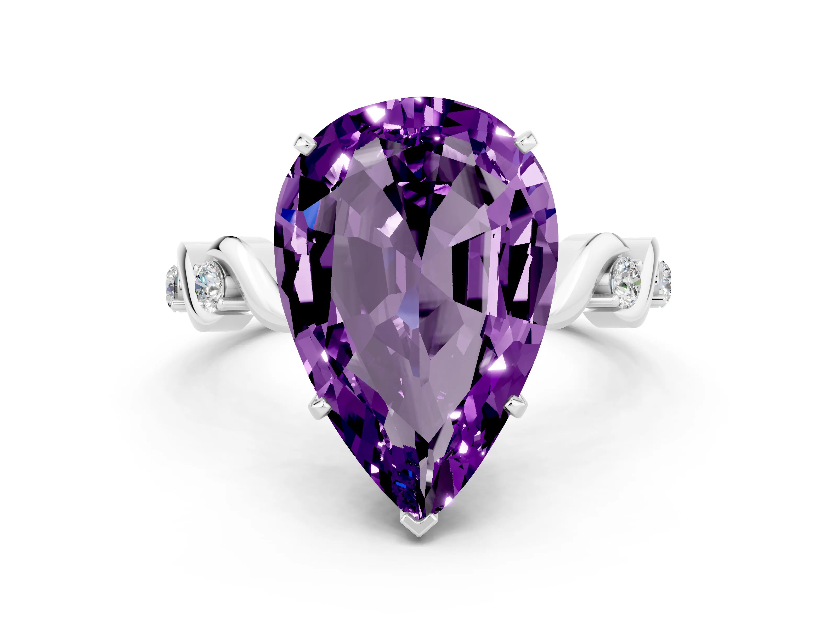 White gold Pear Cut Amethyst Solitaire Twisted Band with Round  Accents and Prong Setting_12