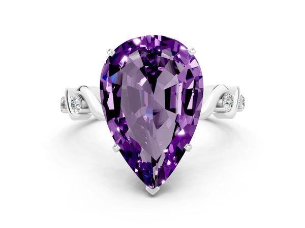 Silver Pear Cut Amethyst Solitaire Twisted Band with Round  Accents and Prong Setting