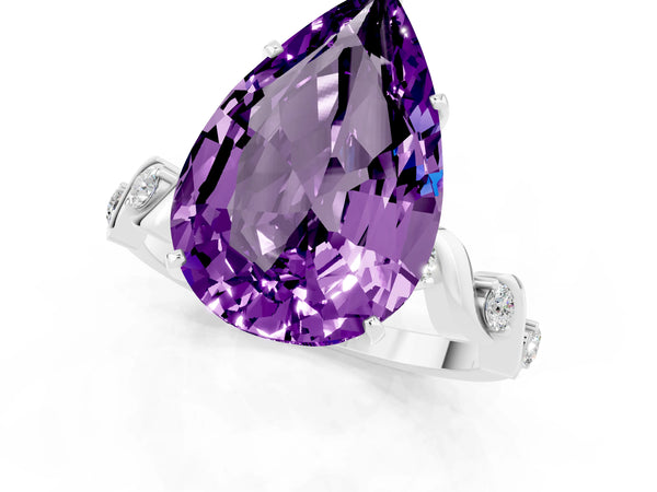 Silver Pear Cut Amethyst Solitaire Twisted Band with Round  Accents and Prong Setting