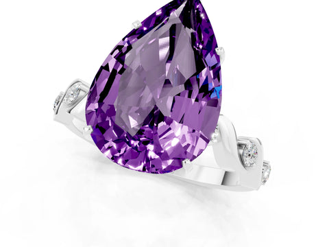 White gold Pear Cut Amethyst Solitaire Twisted Band with Round  Accents and Prong Setting_13