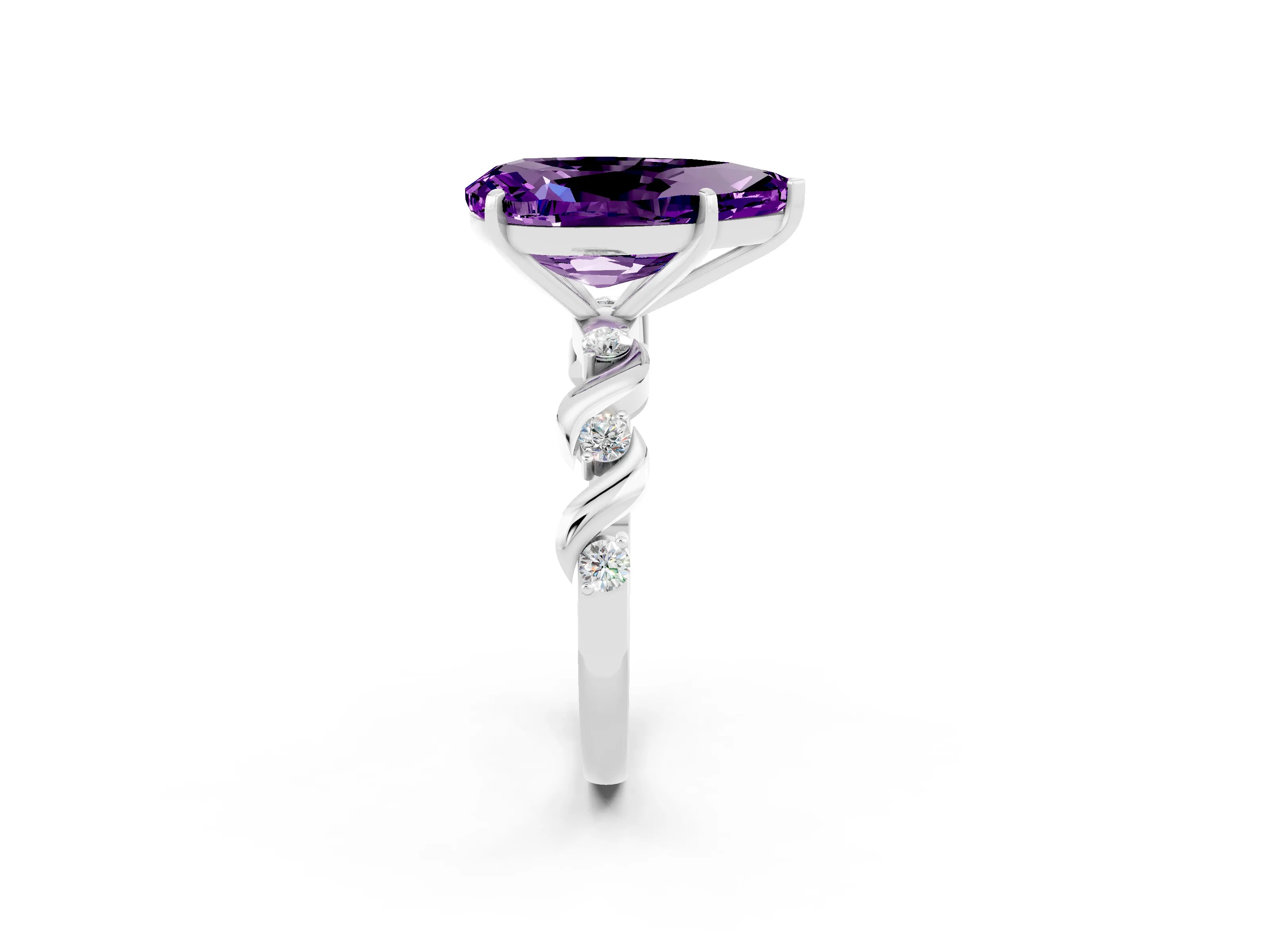 White gold Pear Cut Amethyst Solitaire Twisted Band with Round  Accents and Prong Setting_14