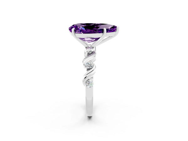 Platinum Pear Cut Amethyst Solitaire Twisted Band with Round  Accents and Prong Setting