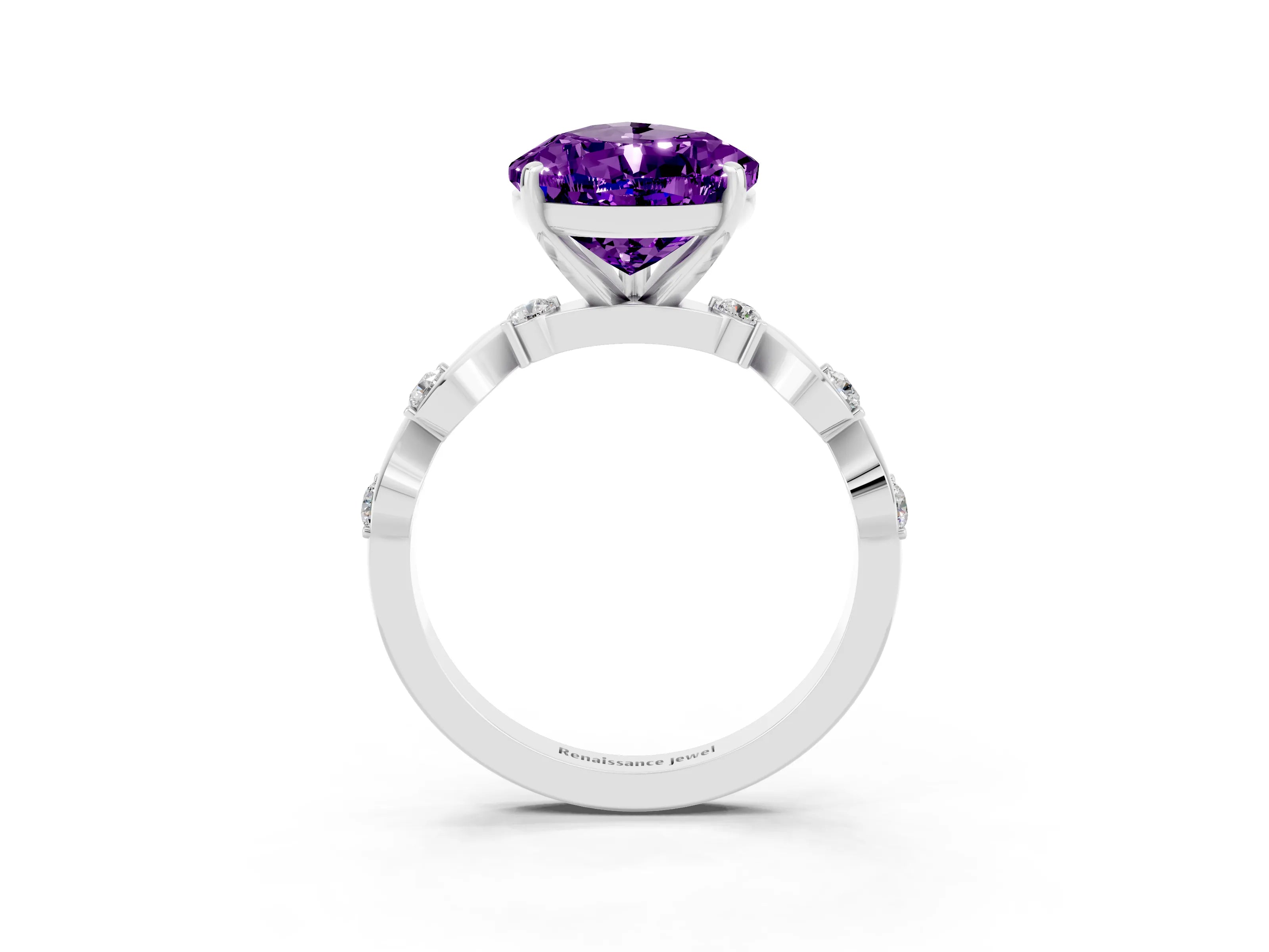 White gold Pear Cut Amethyst Solitaire Twisted Band with Round  Accents and Prong Setting_15