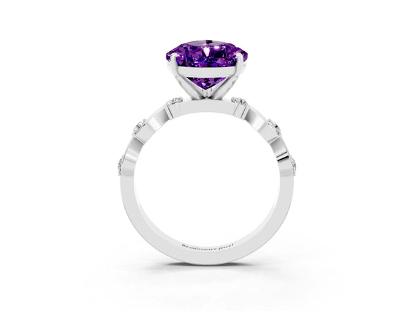 Silver Pear Cut Amethyst Solitaire Twisted Band with Round  Accents and Prong Setting