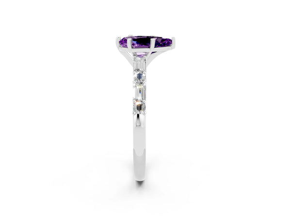 Silver Pear Cut Amethyst Solitaire with Side Baguettes and Channel Set Band