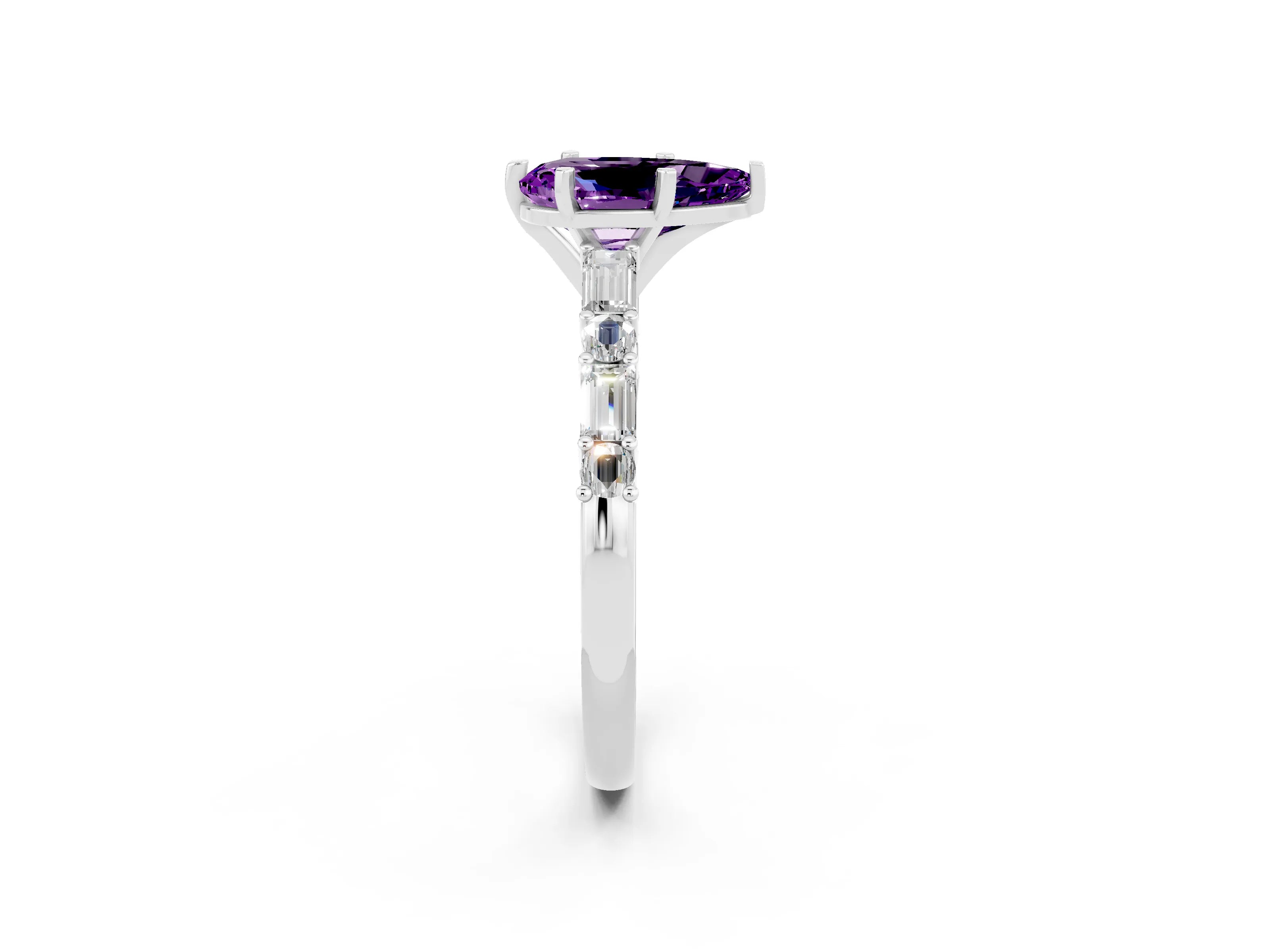 White gold Pear Cut Amethyst Solitaire with Side Baguettes and Channel Set Band_2