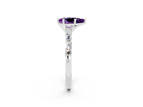 White gold Pear Cut Amethyst Solitaire with Side Baguettes and Channel Set Band_2